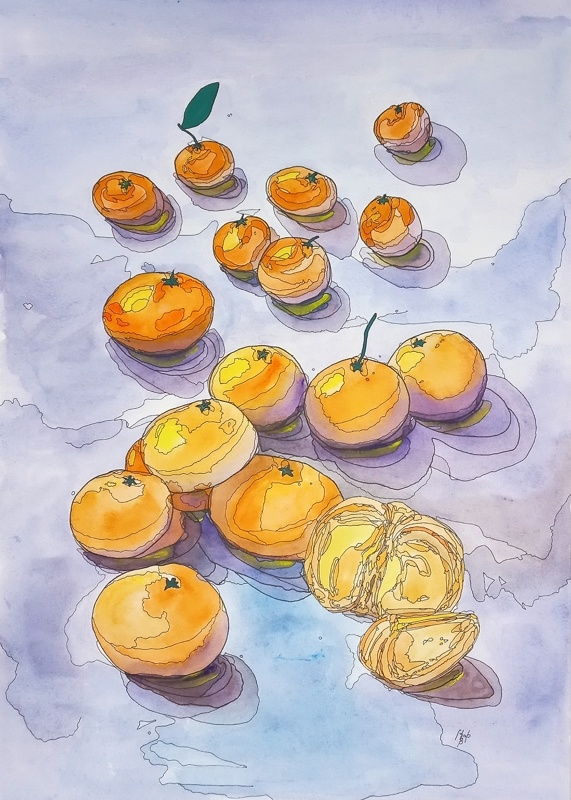 Мандарины наступают, 2022 г., материалы: акварель, линеры, бумага 70% хлопка, размер: формат А3, в раме - 50 × 40 см. Источник: https://artsreda.ru/