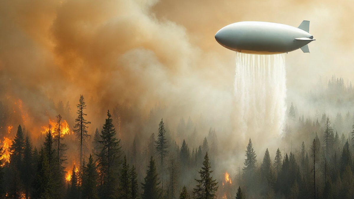 Тушение лесных пожаров при помощи дирижаблей. Иллюстрация для статьи «Дирижабли России: прибыльный бизнес и инвестиции (часть 3)» на канале «Техно Колибри», Дзен.