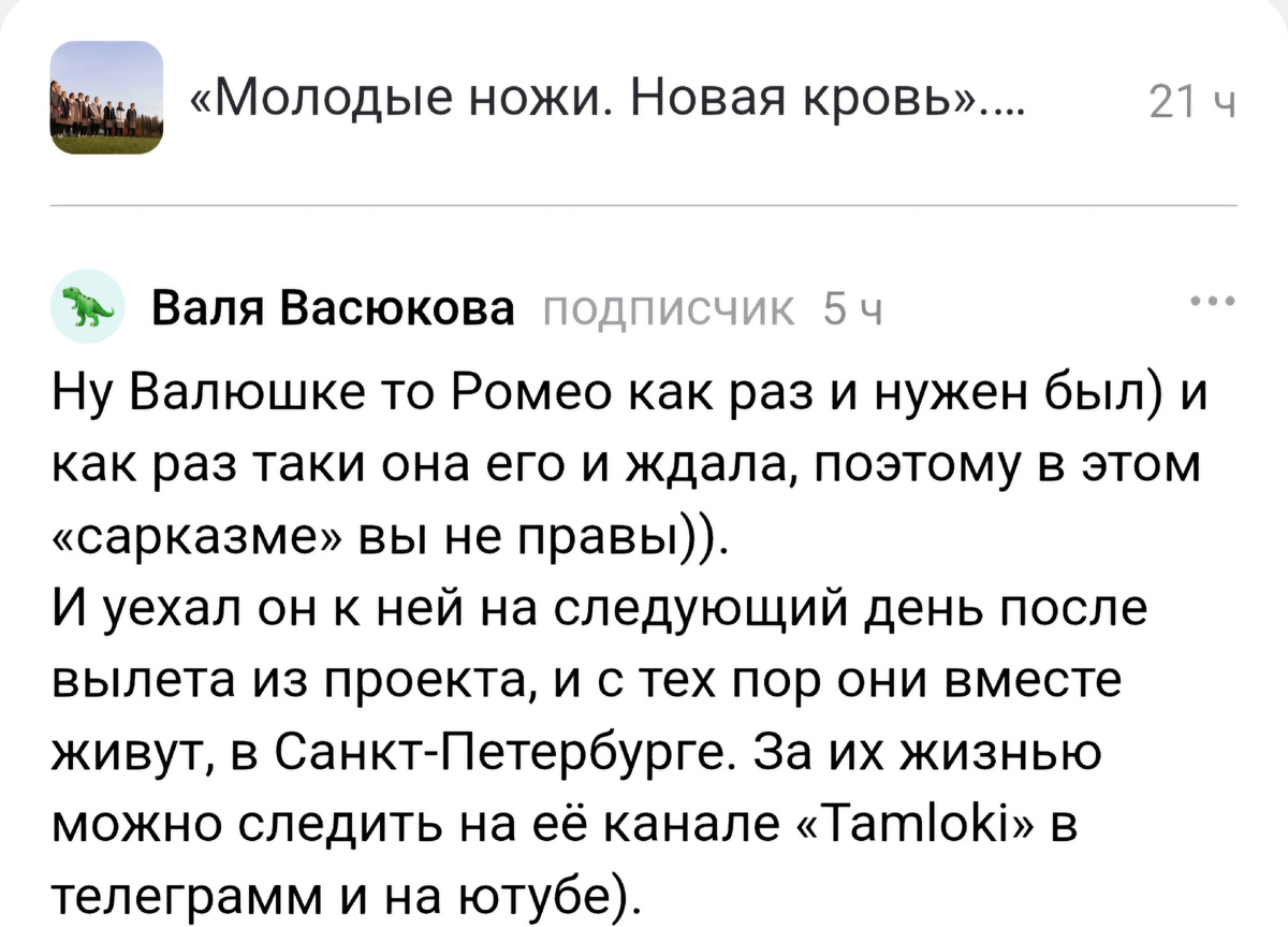 Интересный комментарий, возможно даже от участницы проекта Молодые ножи. Новая кровь