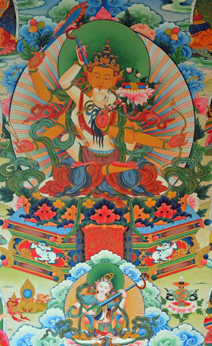 Настенная живопись. Манджушри в тантрическом союзе со своей супругой, бодхисаттвой Сарасвати (также считающейся формой Тары)
