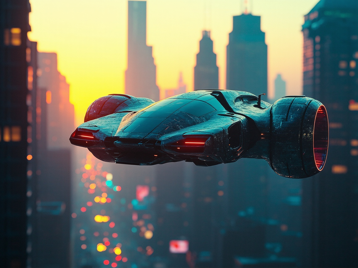 Летающие автомобили над футуристическим мегаполисом, футуристический транспорт