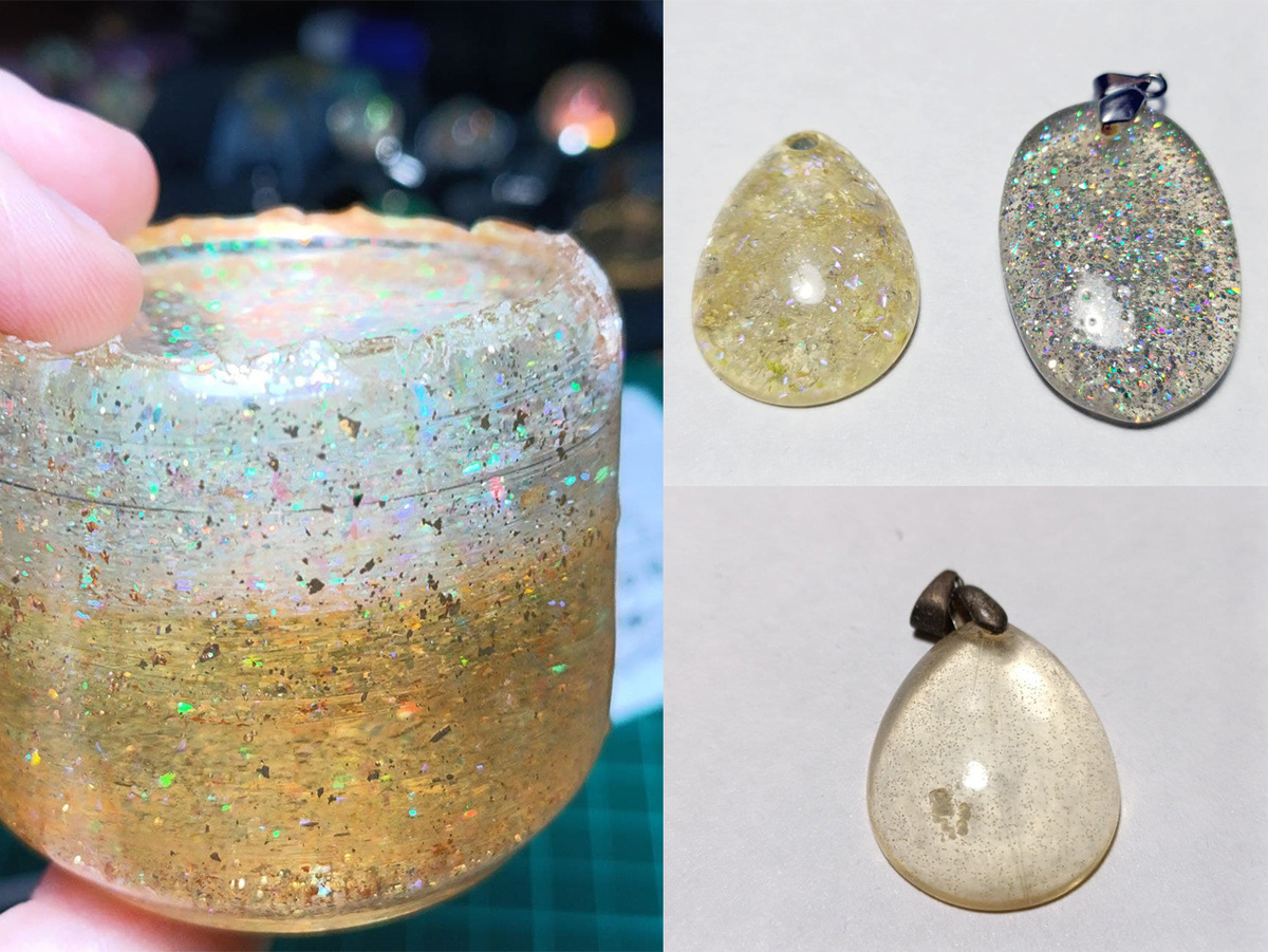 Аrtline слева (верхний слой) и кулон справа внизу. 4 - 5 лет спустя. Справа сверху ПЭО-510 (у меня начинает липнуть через  месяцев) а слевавнизу АртЭко.