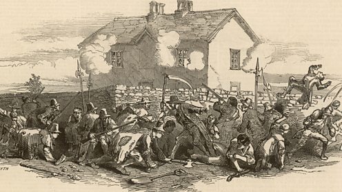 Ирландский мятеж 29 июля 1848 года (полицейские укрылись в доме и отстреливаются).