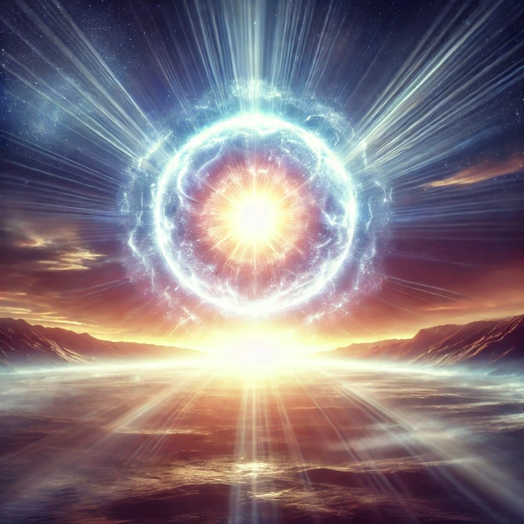 Мистическое видение чисто и истинной веры: с небес нисходит сияющая сфера божественного света, озаряя безграничный пейзаж. Из сферы исходят волны энергии, наполняя космическую силу и присутствие Духа и Истины. Атмосфера пронизана ощущениями откровения, глубокой духовной силы и трансцендентной реальности. Нет человеческой фигуры — лишь видимая чистая, неземная сущность, представляющая силу веры, которая творит дела Божии