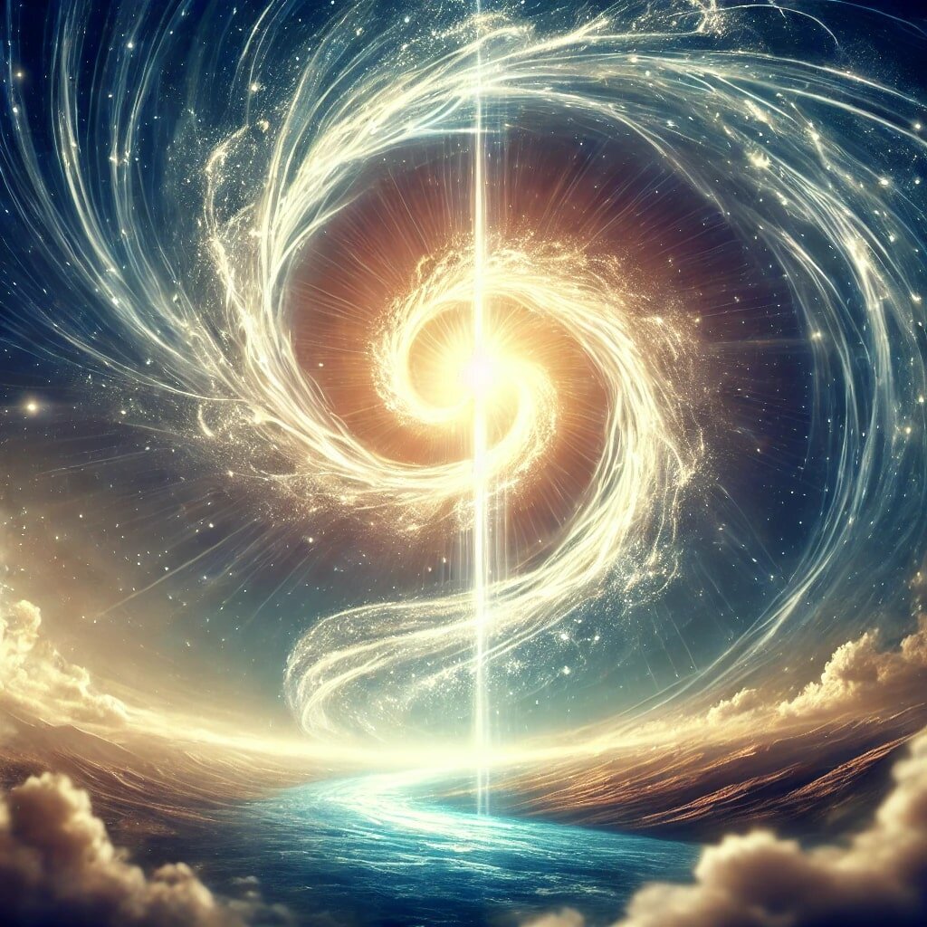 Видение трансцендентной веры: сияющий вихрь божественной энергии устремляется ввысь, соединяя землю и небеса. Спиральный световой пульс излучает духовную силу, являя собой присутствие Духа и Истины. Ландшафт окутан мягким, неземным сиянием, наполняя пространство ощущением неземного и божественного откровения. Здесь нет фигуры человека — только чистое обращение к вере, как живой, действующей в мире