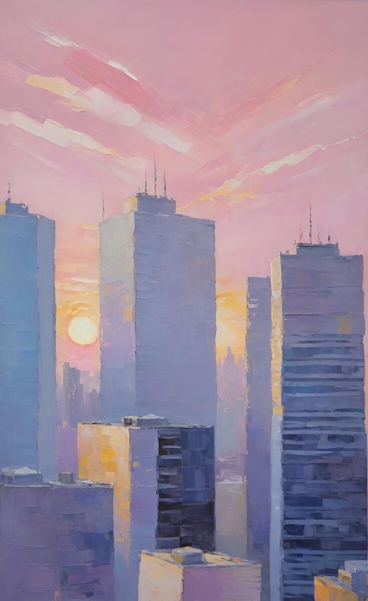 Рассвет над городом. Иллюстрация создана с помощью нейросетей StableDiffusion и DreamAI и программы Photoshop.