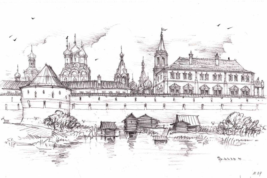 Здание Академии  - с башней за стенами Китай-города, кон. XVIIв. (рис. Александра Можаева)