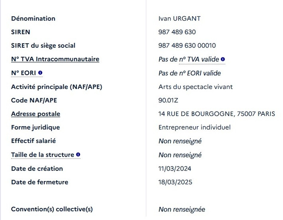    Свою компанию в Париже Иван Ургант открыл в марте прошлого года, а закрыл сразу после скандала в СМИ - 18 марта 2025 года. Фото: annuaire-entreprises.data.gouv.fr