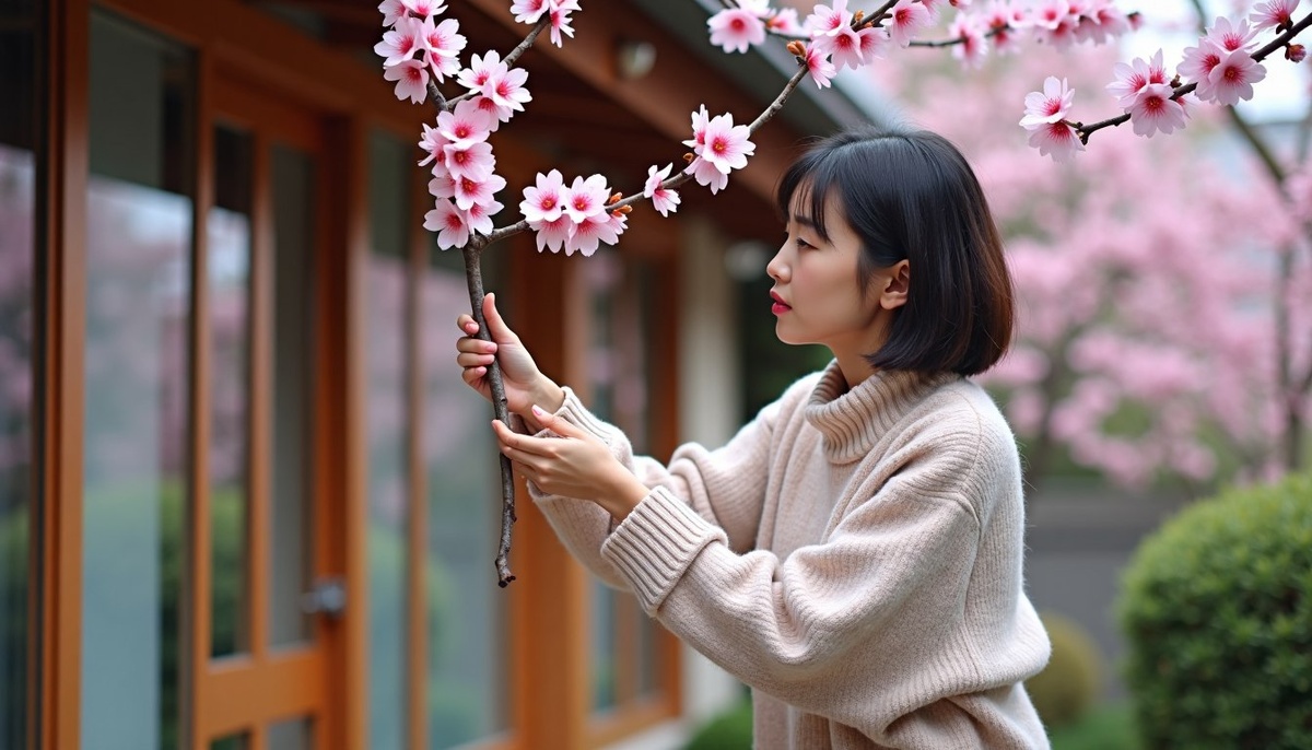 японка украшает дом ветками сакуры