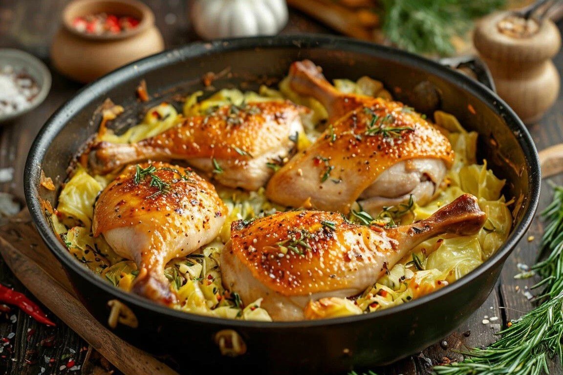 Куриные ножки, запеченные на подушке из капусты с овощами и специями