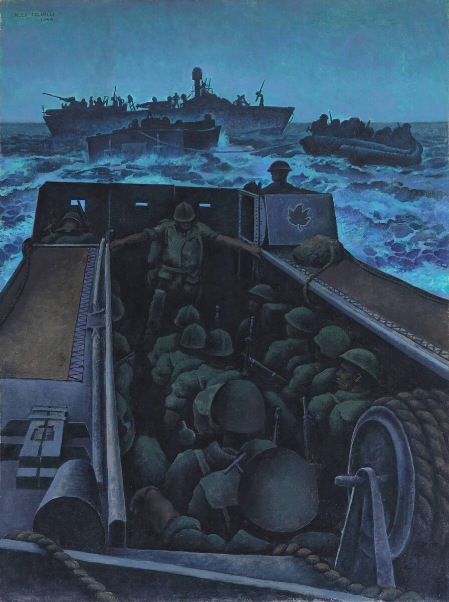 Алекс Колвилл, "Атака десантного корабля у берегов Южной Франции", 1944, холст, масло, 101,4 х 76 см, Коллекция военного искусства Бивербрука, Канадский военный музей, Оттава.