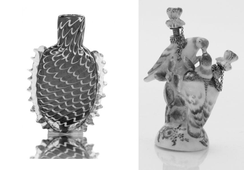 Фотоколлаж Фиолетового сна: флакон 17, стекло, Бристоль, Англия и флакон в форме птиц середины 18 века, Челси, коллекция Международного музея парфюмерии. 