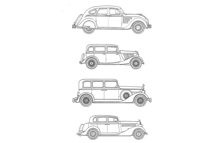    Chrysler Airflow (сверху) на фоне других моделей того же года выпуска от Ford, Packard и Buick. Фото: airflowclub.com
