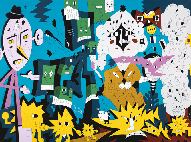    Двухмерное изображение, сказочный вымысел на грани безумия, яркая (близкая к кислотной) палитра, тотальность форматов, растягивающихся на метры холстов и скульптур, — так можно лишь вкратце описать специфику перкинизма.   
Фото предоставлено галереей современного искусства «БИЗОN»