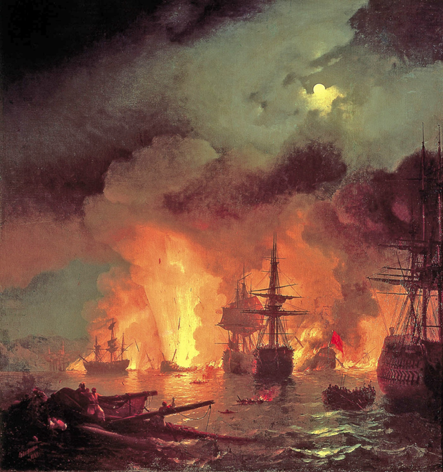 Чесменский бой. Картина. И. Айвазовский, масло, 1848 г. Национальнаякартинная галереяимениИ. К. Айвазовского, Феодосия.