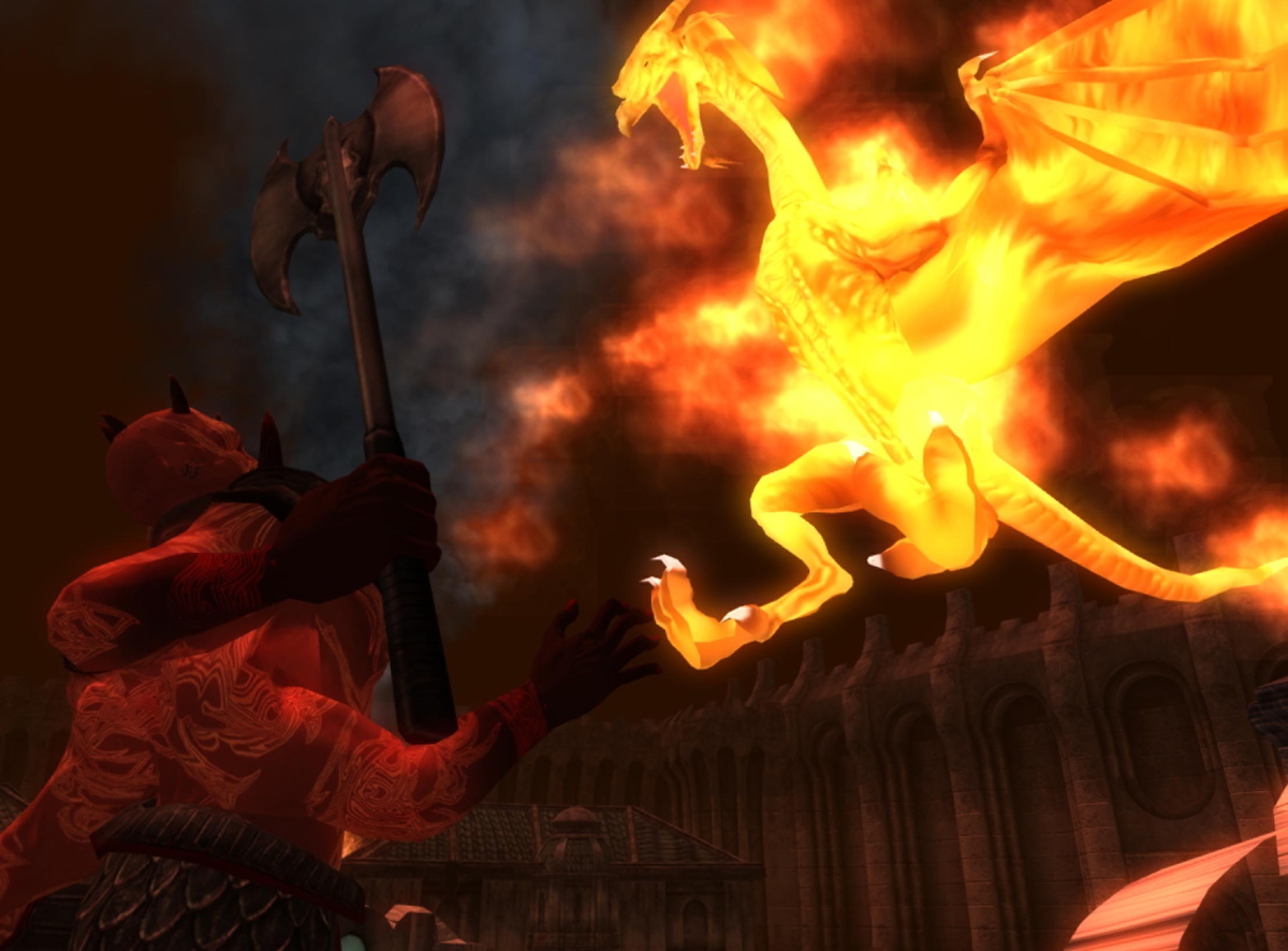 Воплощенный Акатош против Мерунеса Дагона. Скриншот из игры The Elder Scrolls