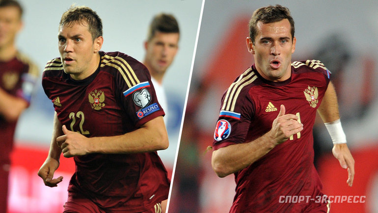    Футболисты сборной России Артем Дзюба и Александр Кержаков.Александр Федоров