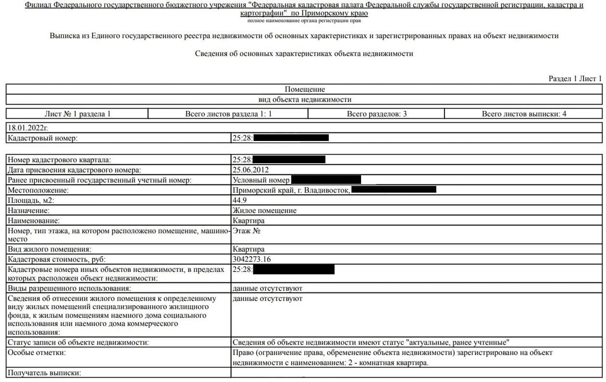 Образец выписки из ЕГРН