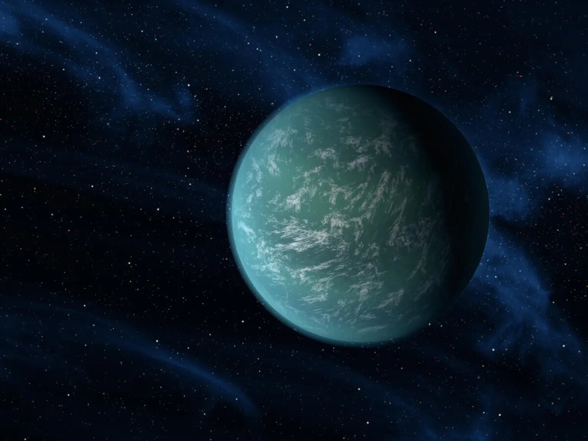 Иллюстрация Kepler-22b, планеты, которая, как известно, свободно вращается в обитаемой зоне звезды, похожей на Солнце.