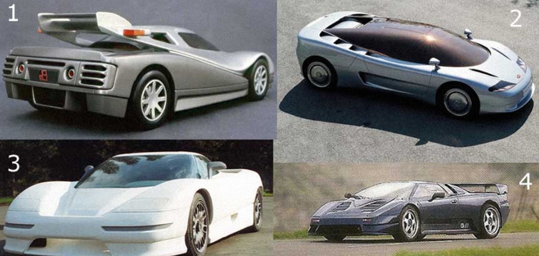 1 — 110 PM1 от Paolo Martin, 2 — ID90 от Giorgetto Giugiaro, 3 — Bertone EB110 prototype, 4 — Gandini Bugatti EB110.