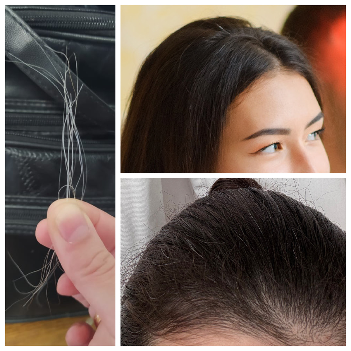 Отстриженные волосы, апрель 2022. Фото сверху — август 2021, видно только несколько штук, остальные спрятаны. Фото снизу — март 2025, седину уже не скрыть.