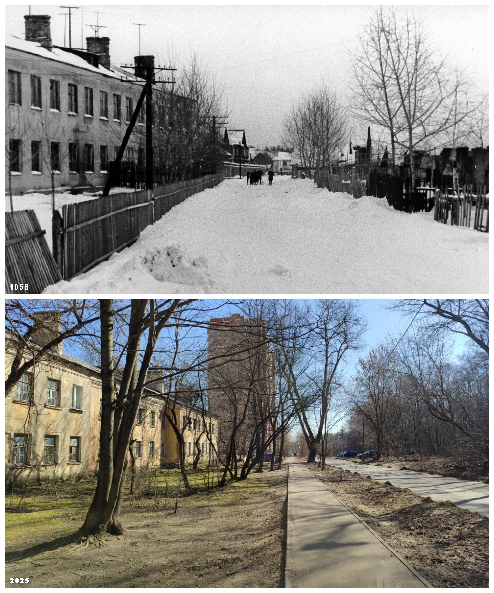 1958/2025 гг. Микрорайон Первомайский (бывший поселок). Вид на улицу Евстафьева; слева дом №11. Листайте слайд, чтобы увидеть точку и направление съемки