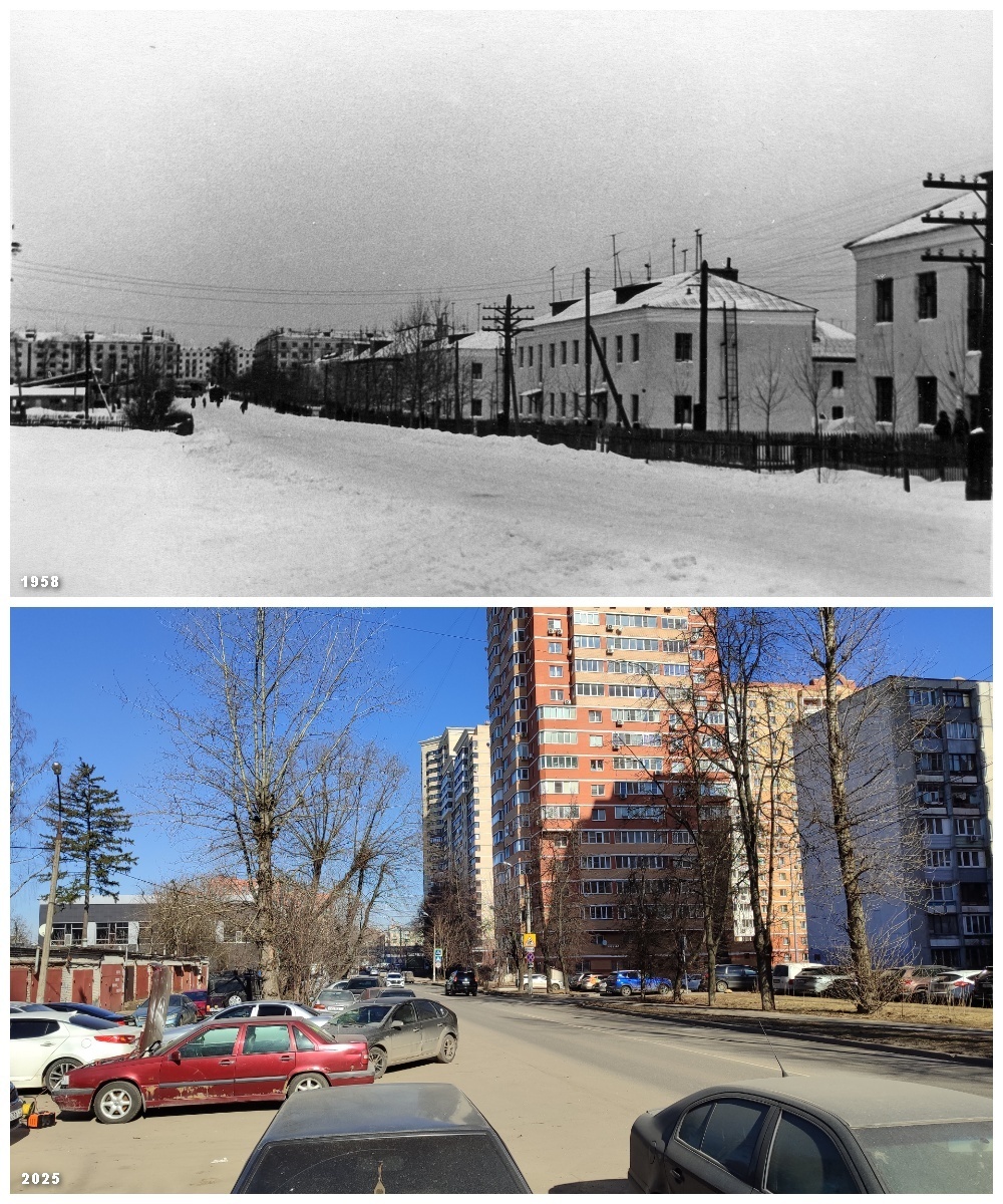 1958/2025 гг. Микрорайон Первомайский. Вид на Разинское шоссе в сторону Шоссе Энтузиастов. Листайте слайд, чтобы увидеть точку и направление съемки