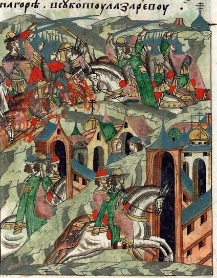 Миниатюра из Летописного лицевого свода, изображающая битву на Могзе.