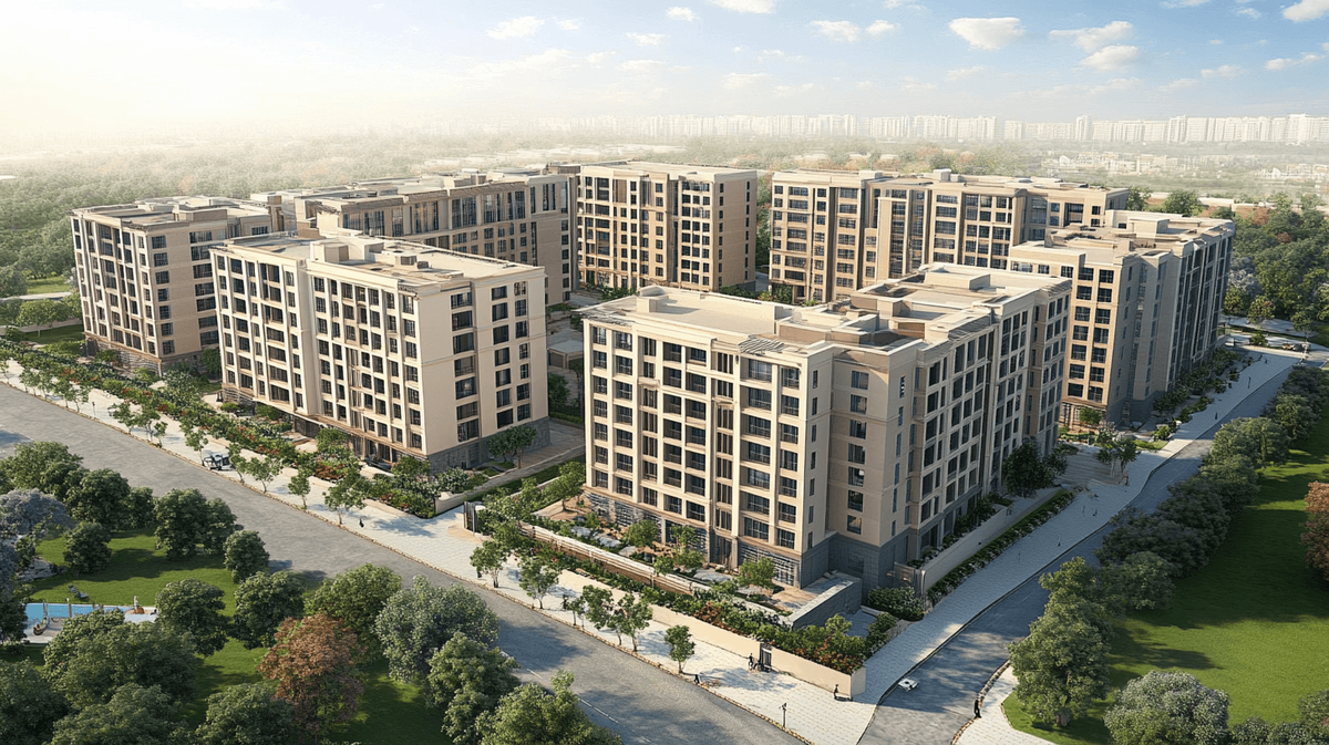 Пример компаунд жилого комплекса. Изображение сгенерировано с помощью нейросети Midjourney