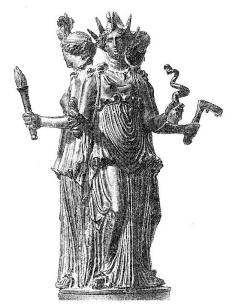 Геката — богиня, почитаемая в Древней Греции. В римской мифологии она отождествлялась с богиней Луны Селеной. В Капитолийских музеях в Риме хранятся бронзовые изображения Гекаты, относящиеся к I–II векам нашей эры. Геката — богиня-покровительница всего таинственного, магии и колдовства. Она является внучкой титанов и олицетворяет собой мир преисподней и луну.