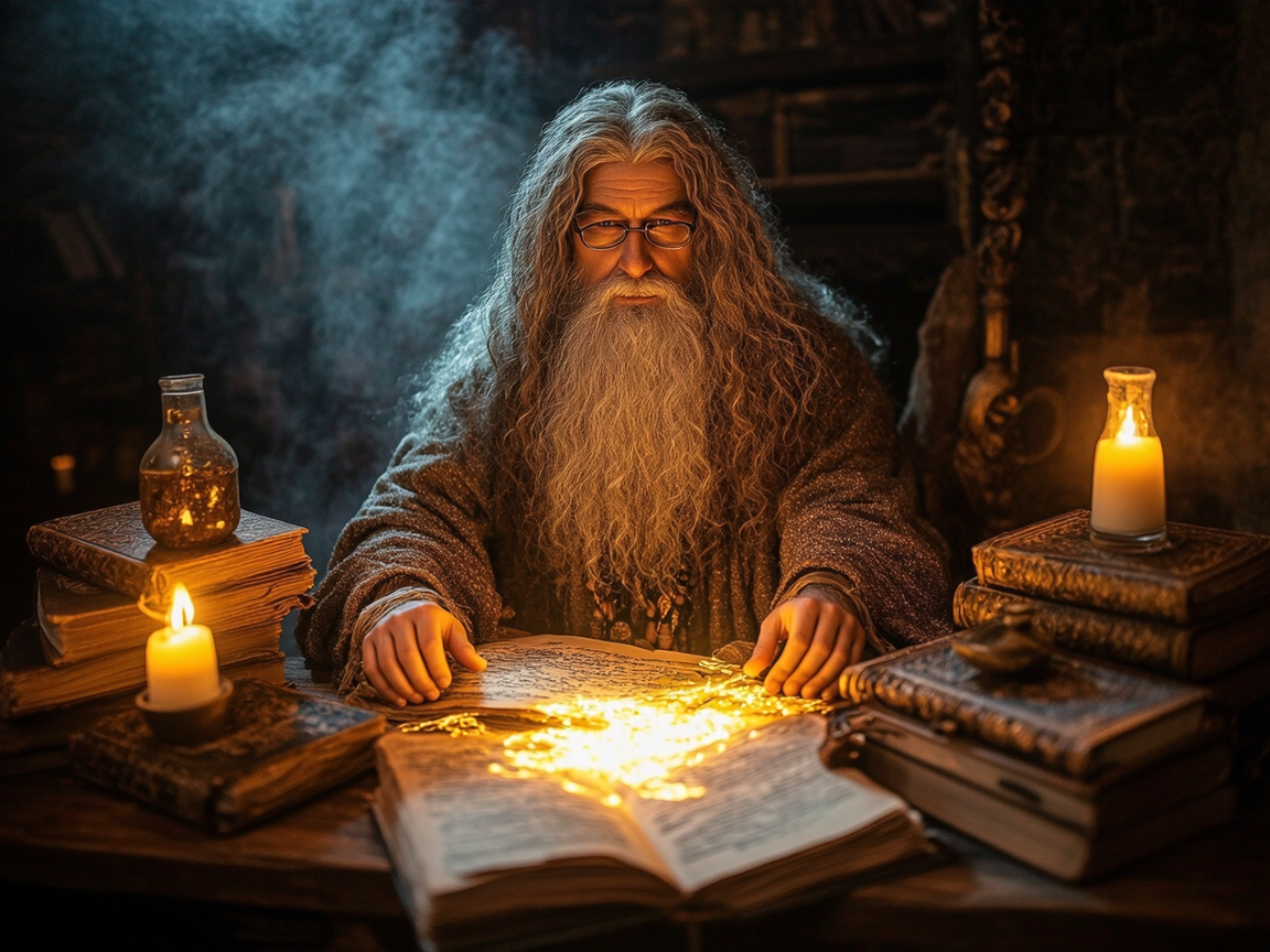 Средневековый алхимик за работой, окружённый загадочными формулами