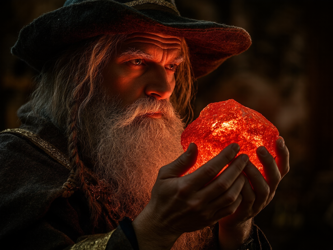 Философский камень в руках алхимика, сияющий таинственным светом