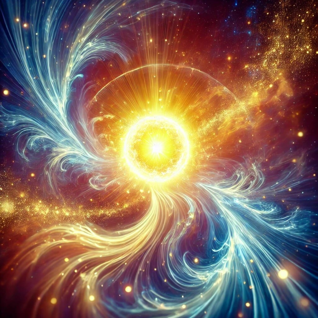 Изображение отражает Дух Истины как сияющий поток энергии, не имеющий формы, но обладающий абсолютной ясностью и чистотой. Переплетающиеся волны золотого и синего света создают сферу, символизирующую откровение и непоколебимость Истины. Космический фон подчеркивает бесконечность и внепространственную природу Духа, который не связан с плотскими ограничениями. Мягкие светящиеся частицы, окружающие центральный поток энергии, усиливают ощущение глубины и непостижимости, указывая на присутствие Истины в каждом мгновении для тех, кто живёт по Законам Духа