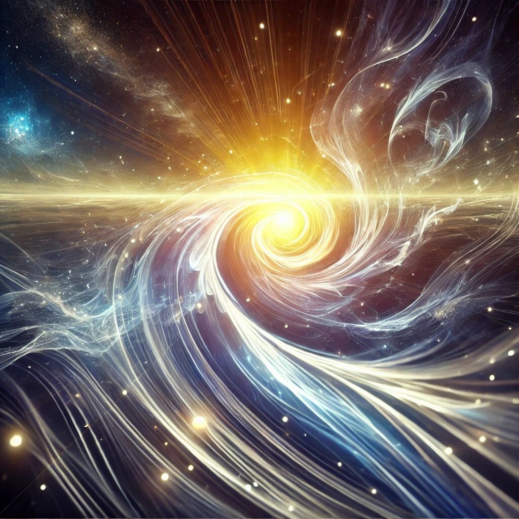 Изображение представляет Дух Истины как сияющую сферу золотого и белого света, парящую в бесконечном космическом пространстве. Свет исходит мягкими, но мощными волнами энергии, создавая ощущение глубины и живого присутствия. Голубые и фиолетовые оттенки окружают сияние, символизируя божественную мудрость и трансцендентность. Вокруг парят мелкие светящиеся сферы, намекая на скрытое знание, раскрывающееся только тем, кто живёт по Законам Духа. Фон бескрайний, подчеркивая безграничную природу Истины, которая не имеет начала и конца