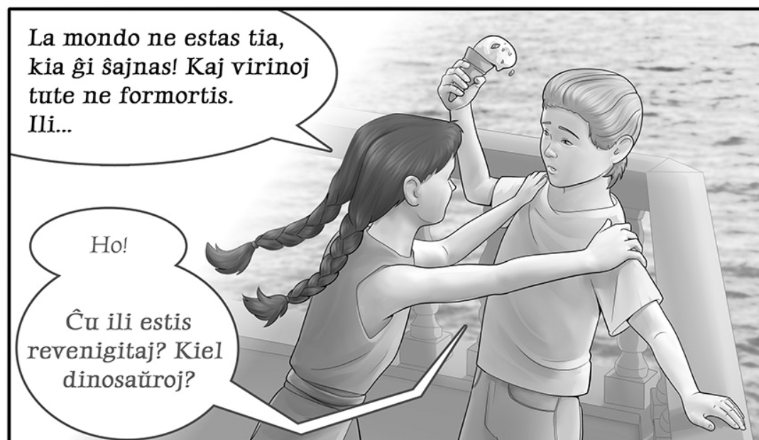 Кадр из Эсперанто-версии научно фантастического комикса "Дары бродячих льдов" на сайте mildegard.ru