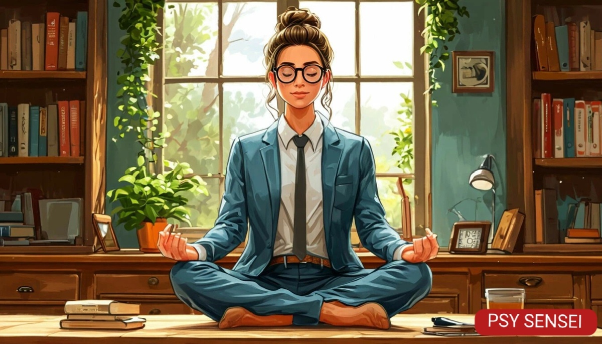 Девушка медитирует в офисе