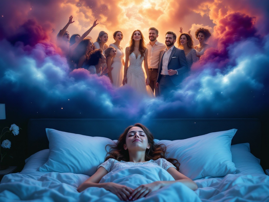    К чему такое снится: На картине изобразил бы женщину в свадебном платье, стоящую между двумя мужчинами: один старше и сдержанно одет, другой моложе и радостно улыбается. Вокруг них групп