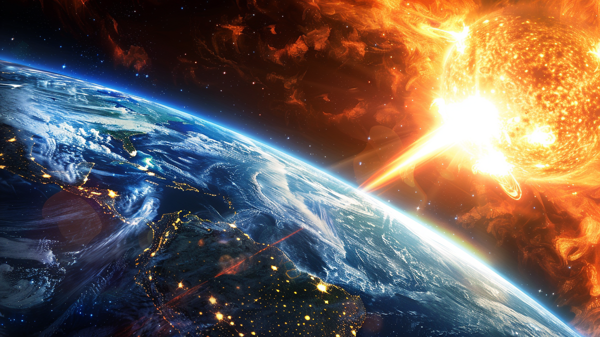 Результат солнечной вспышки —  гигантский поток заряженных частиц и электромагнитного излучения
