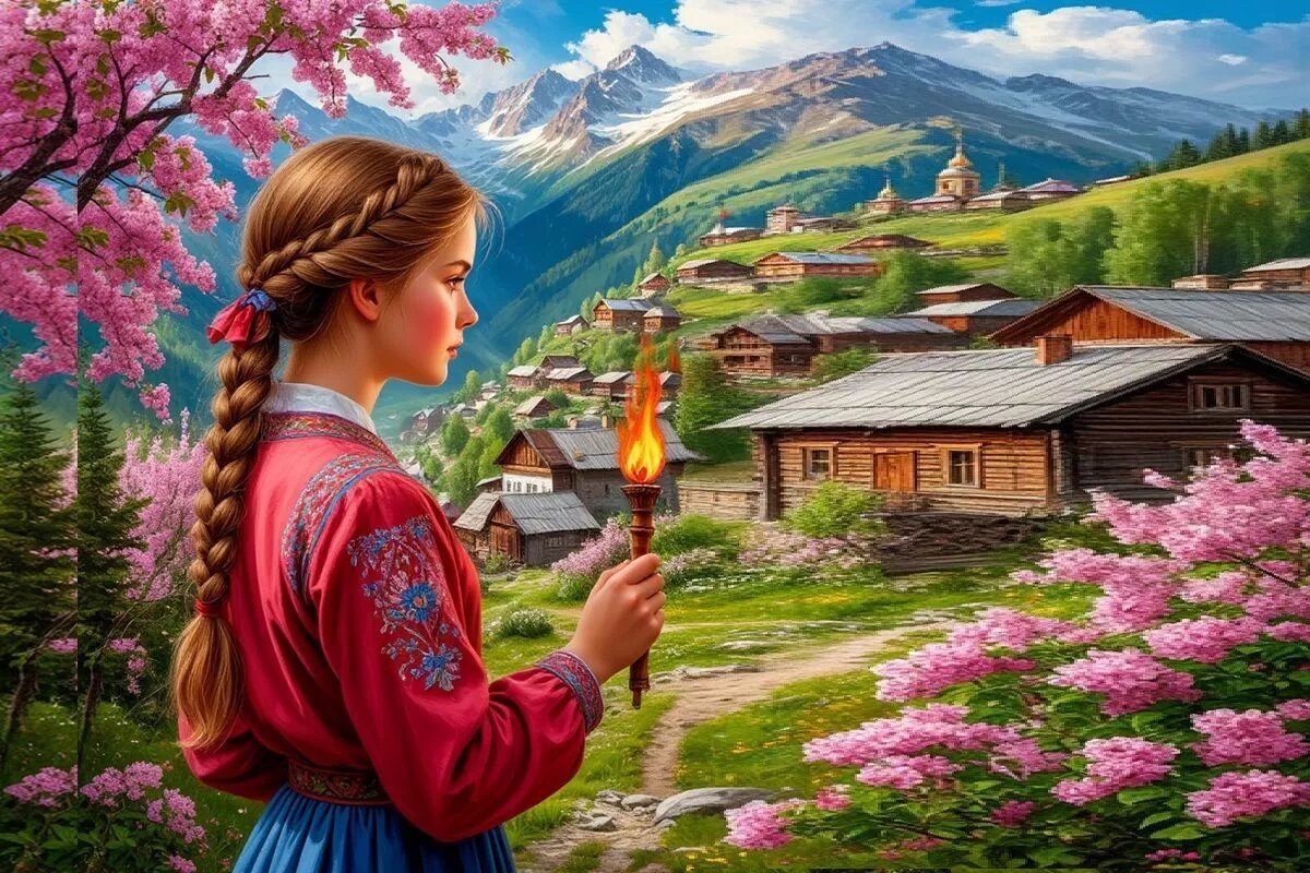 В сакральной символике весеннего новогодья юная дева – это пробуждающая природа, а факел в ее руке – свет знаний и жар набирающего силу солнца.
Фото: Нейросеть shedevrum.ai