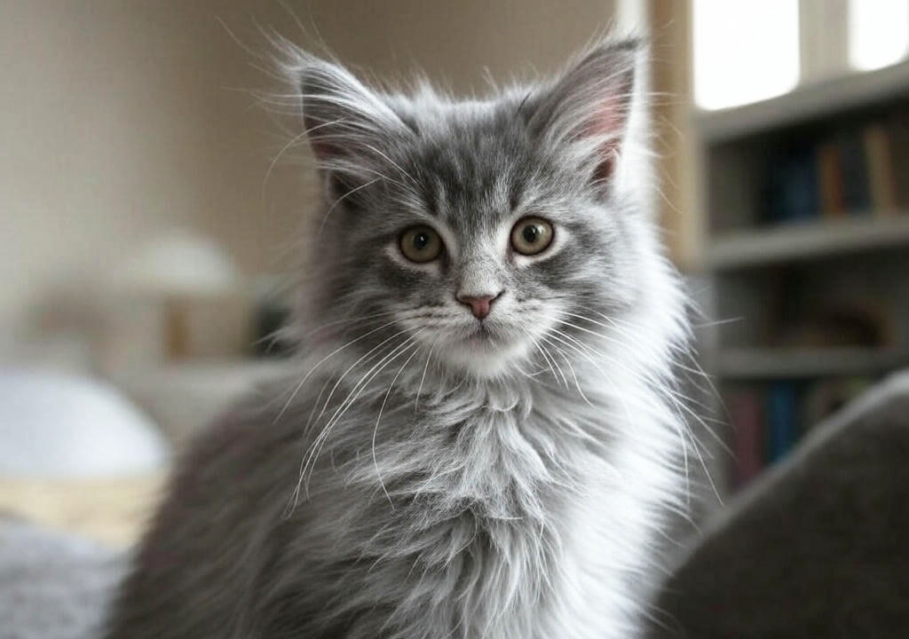 Котёнок мейн-куна с характерными кисточками на ушах и пушистой серой шерстью.