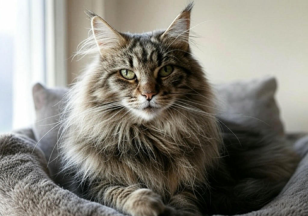 Крупный кот породы мейн-кун с зелёными глазами и пушистой шерстью.