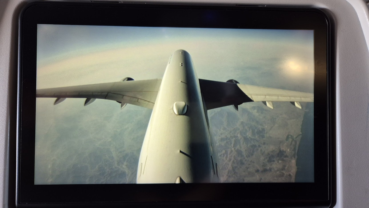 Внешняя камера самолета ведет трансляцию для пассажиров, монитор в впереди стоящем кресле