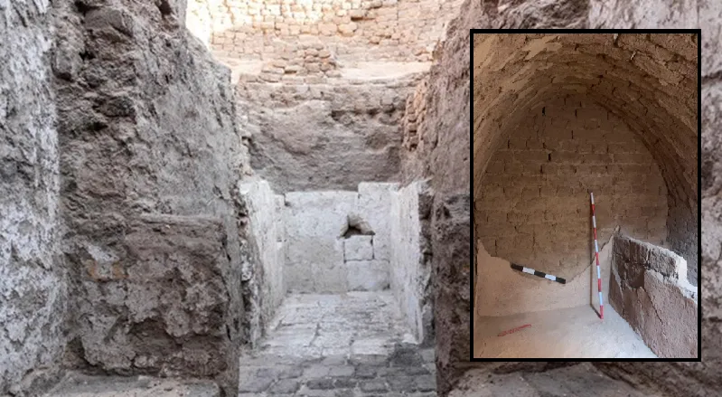 Раскопанная царская гробница в Абидосе и (вставка) погребальная камера.