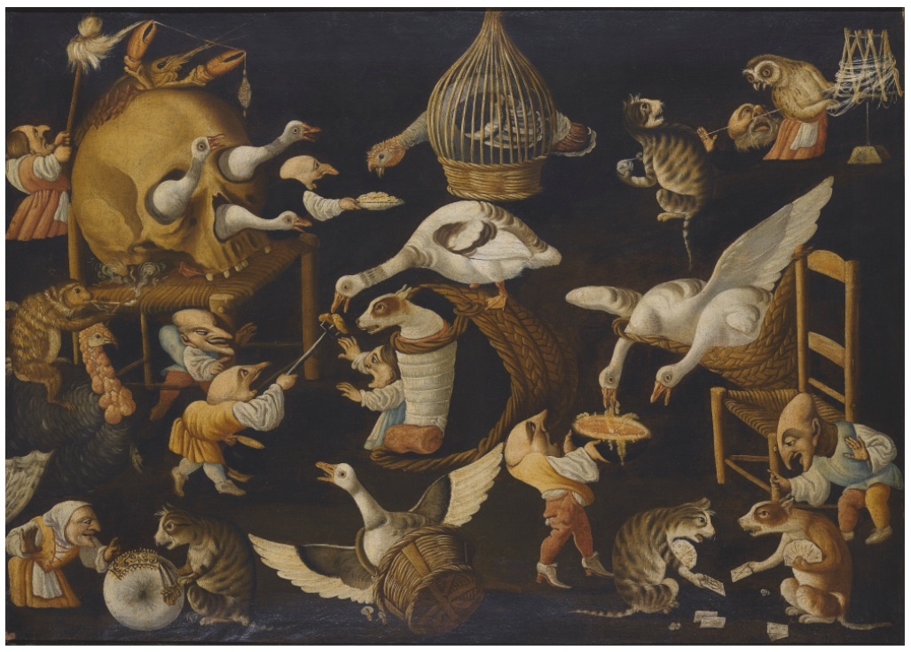 Гротескная сцена с играющими животными и запеленатой собакой 