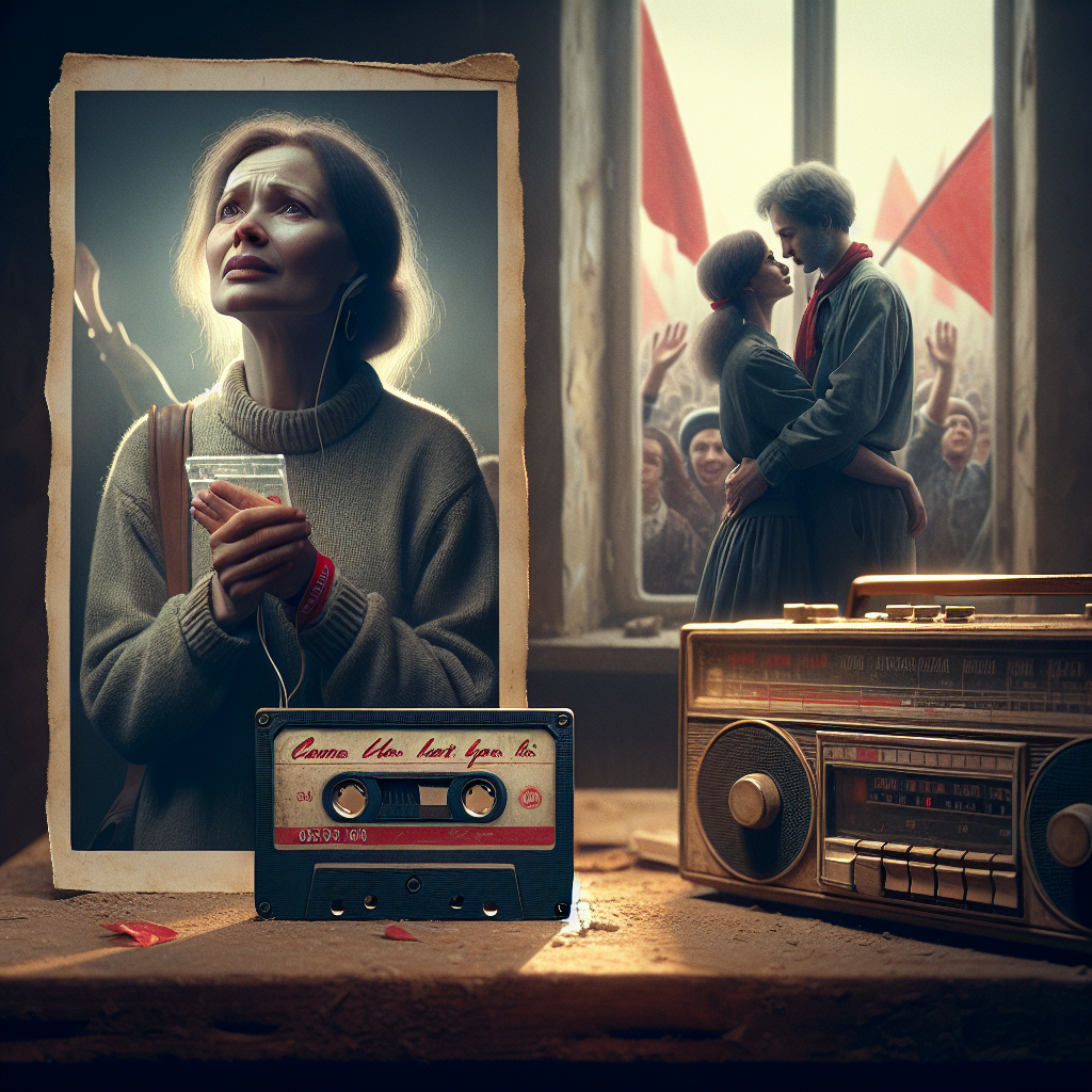 Женщина стоит в полумраке старого дома, в руках - кассета группы Кино. На ее лице - надежда и тревога. Рядом - старый магнитофон и фото, на котором запечатлены двое юных влюбленных на фоне демонстрации времен перестройки. | Картинка - ИИ-арт © Надежда Иванова.