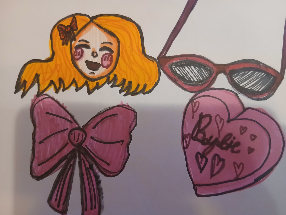 Barbie girl in anime style, the poster contains: glasses in a pink frame, a heart-shaped box, a pink bow with sparkles. 