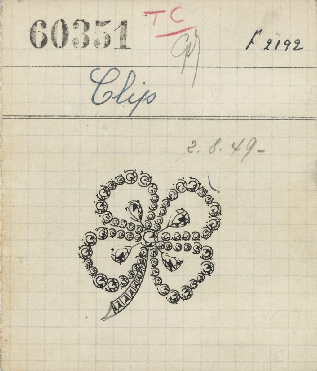 Эскиз броши. 1948 год. Архивы Van Cleef & Arpels. Источник фото: https://www.vancleefarpels.com/ru/ru/the-maison/articles/history-of-the-alhambra-collection.html