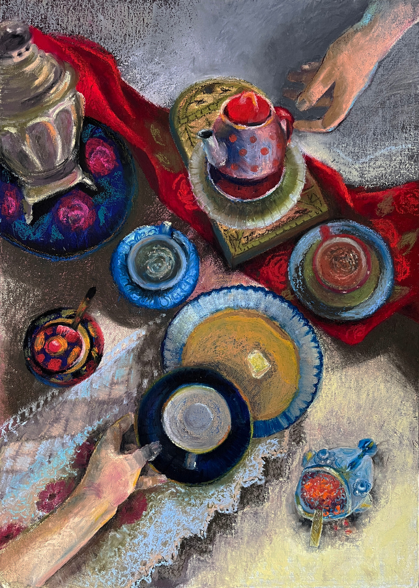 «Русский чай», темпера, масляная пастель, холст на картоне, 2025