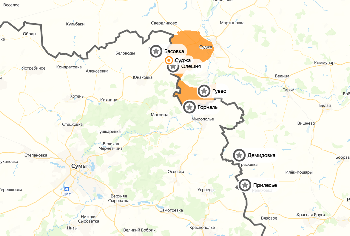 Карта боев в Курском приграничье. Скриншот: Яндекс Карты