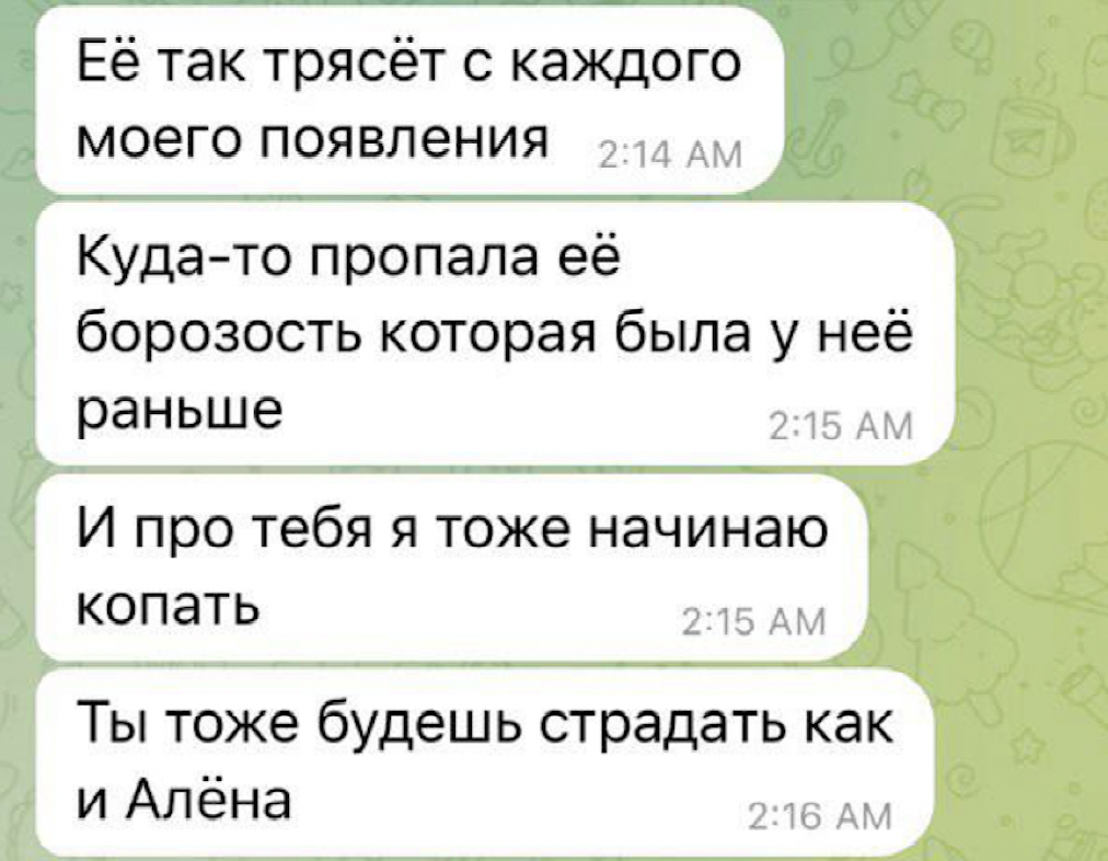 Скриншот из переписки со сталкером Алены
